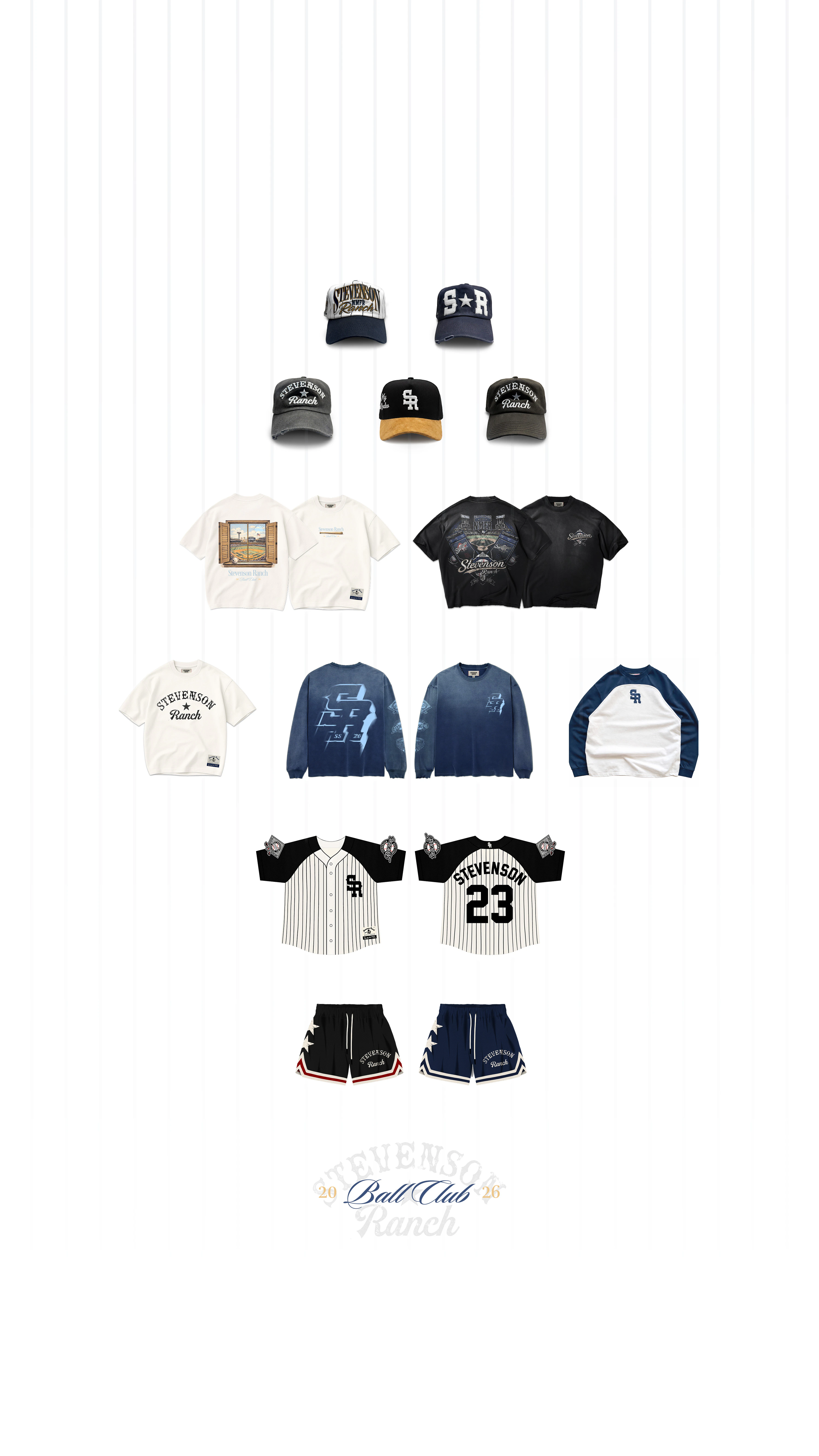 Stevenson Ranch apparel collection with caps, shirts, jerseys, and shorts